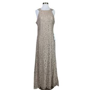Alex Evenings Sequined Lace Draped Back Column Evening Gown Nude Brown Size 12